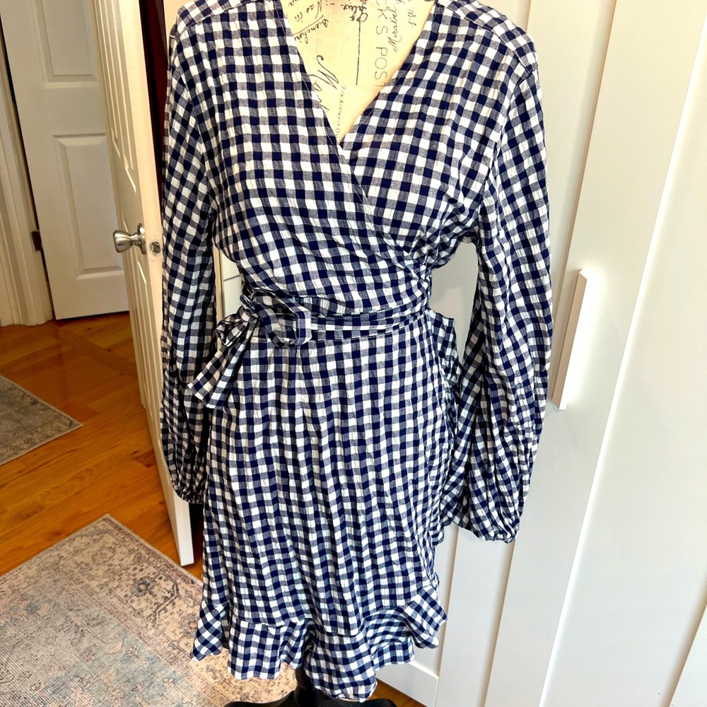 Navy Gingham cotton wrap dress. Size L.